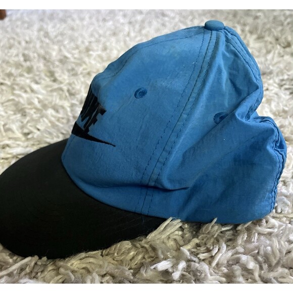 VTG Nike Hat Cap Mens Snapback Blue Black Nylon 90s Big Logo Streetwear Swoosh - Picture 10 of 10